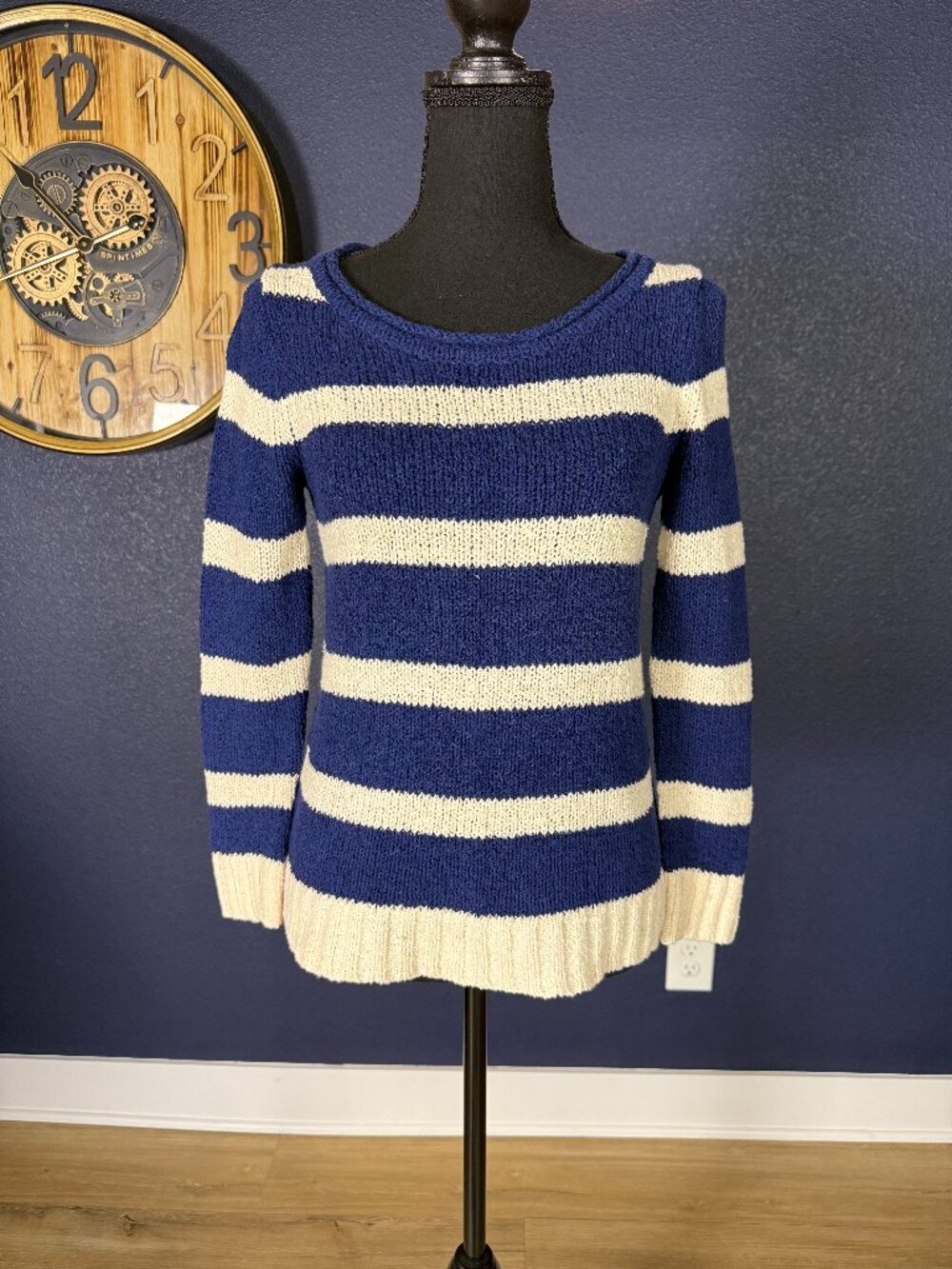 J.Crew Navy Cream Striped Cotton Linen Knit Boatneck Beach Sweater | XXS